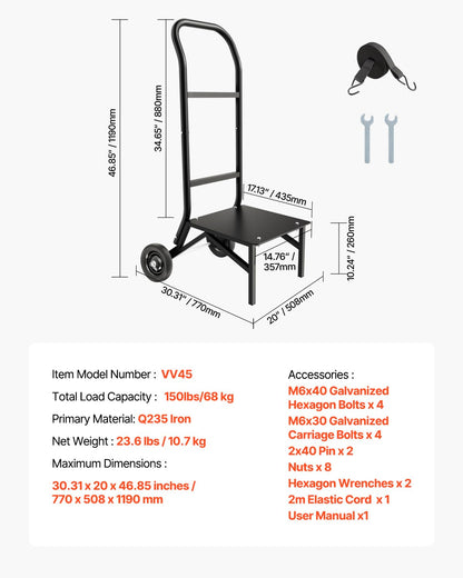 VEVOR Estante para Sillas Plegable, Capacidad de 68 kg, Carrito Resistente para Apilar 10 Sillas, Carrito de Almacenamiento de Metal con Ruedas de Goma, Soporte para Sillas de Empuje, Negro Mate