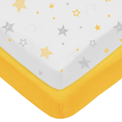 American Baby Company Sábana Ajustable de Algodón para Mini Cuna - A-yellow Star - Yellow - 2 Count (Pack of 1)
