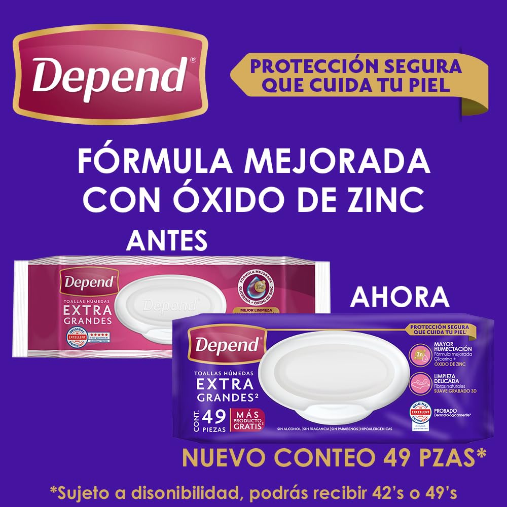 Depend Toallas Húmedas para Incontinencia, Caja con 756 toallas (18 paquetes de 49 toallas c/u), hipoalergénicas, extra grandes y sin alcohol