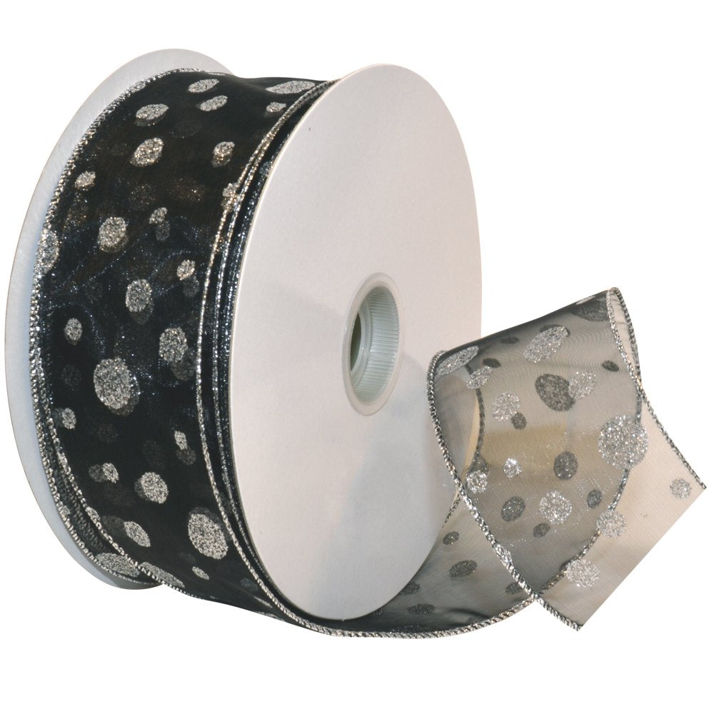 Morex - Cinta de purpurina con diseño de lunares con purpurina, carrete de 2-1/2 pulgadas por 50 yardas, negro/plateado