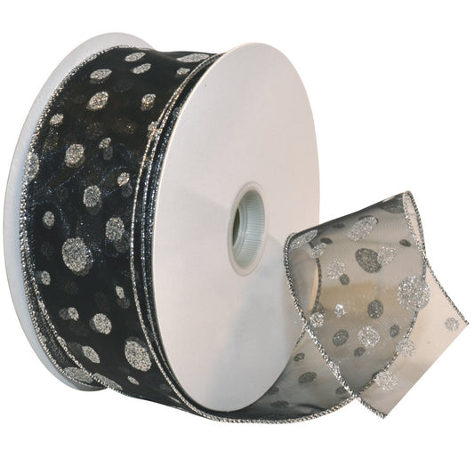 Morex - Cinta de purpurina con diseño de lunares con purpurina, carrete de 2-1/2 pulgadas por 50 yardas, negro/plateado