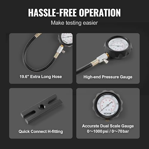 VEVOR Comprobador de Compresión de Motores Diésel, kit 18 Herramientas de Prueba de Presión de Cilindros, con Manómetro de 0 a 1000 psi y Adaptadores, para Comprobar Cilindros en Camiones, Tractores
