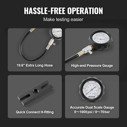 VEVOR Comprobador de Compresión de Motores Diésel, kit 18 Herramientas de Prueba de Presión de Cilindros, con Manómetro de 0 a 1000 psi y Adaptadores, para Comprobar Cilindros en Camiones, Tractores