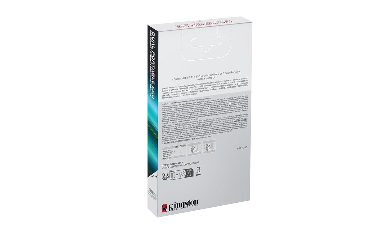 Kingston SSD Dual Portable, SSD Externo, Capacidad: 512GB, USB-A + USB-C, 3.2 Gen 2, Lectura: 1050MB/s, Escritura: 950MB/s, SKU: SPSD/512GB