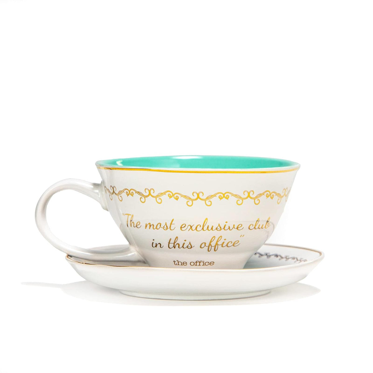 Silver Buffalo The Office Finer Things Club Tea - Taza de té y platillo de cerámica en caja con lámina dorada, 12 onzas