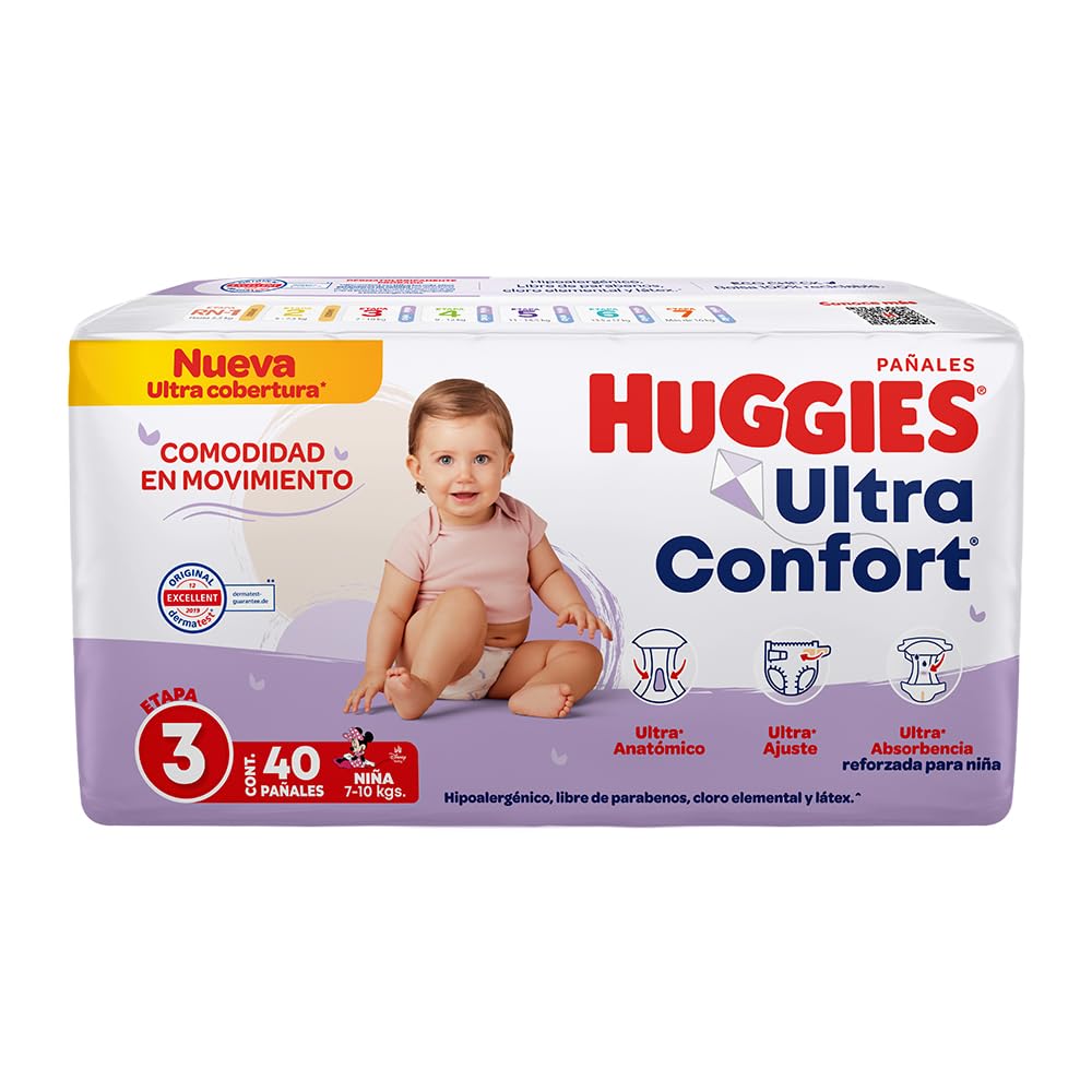 Huggies UltraConfort Pañal Desechable para Bebé, Etapa 3 Niña, Paquete con 40 Piezas, Ideal para niñas de 7 a 10 kg