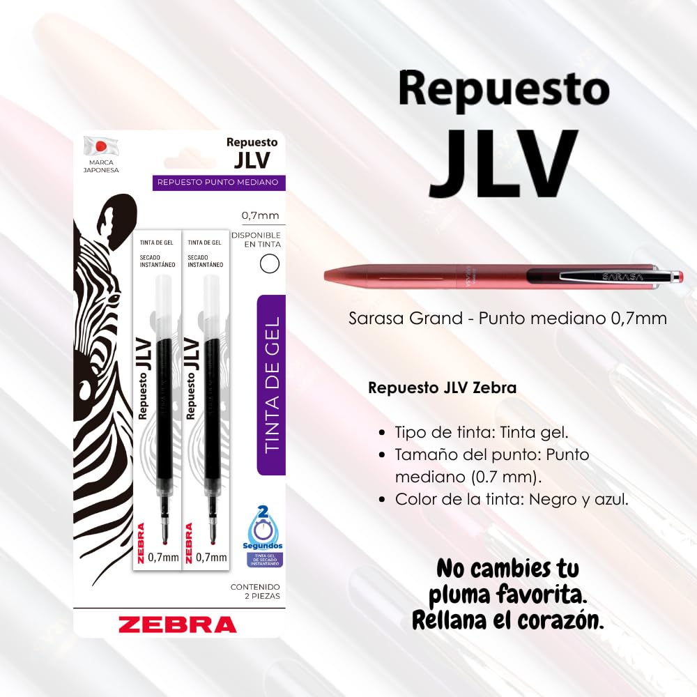 Zebra Repuesto De Tinta Gel JLV Punto Fino (0.7 mm) Blíster 2 Piezas Azul.
