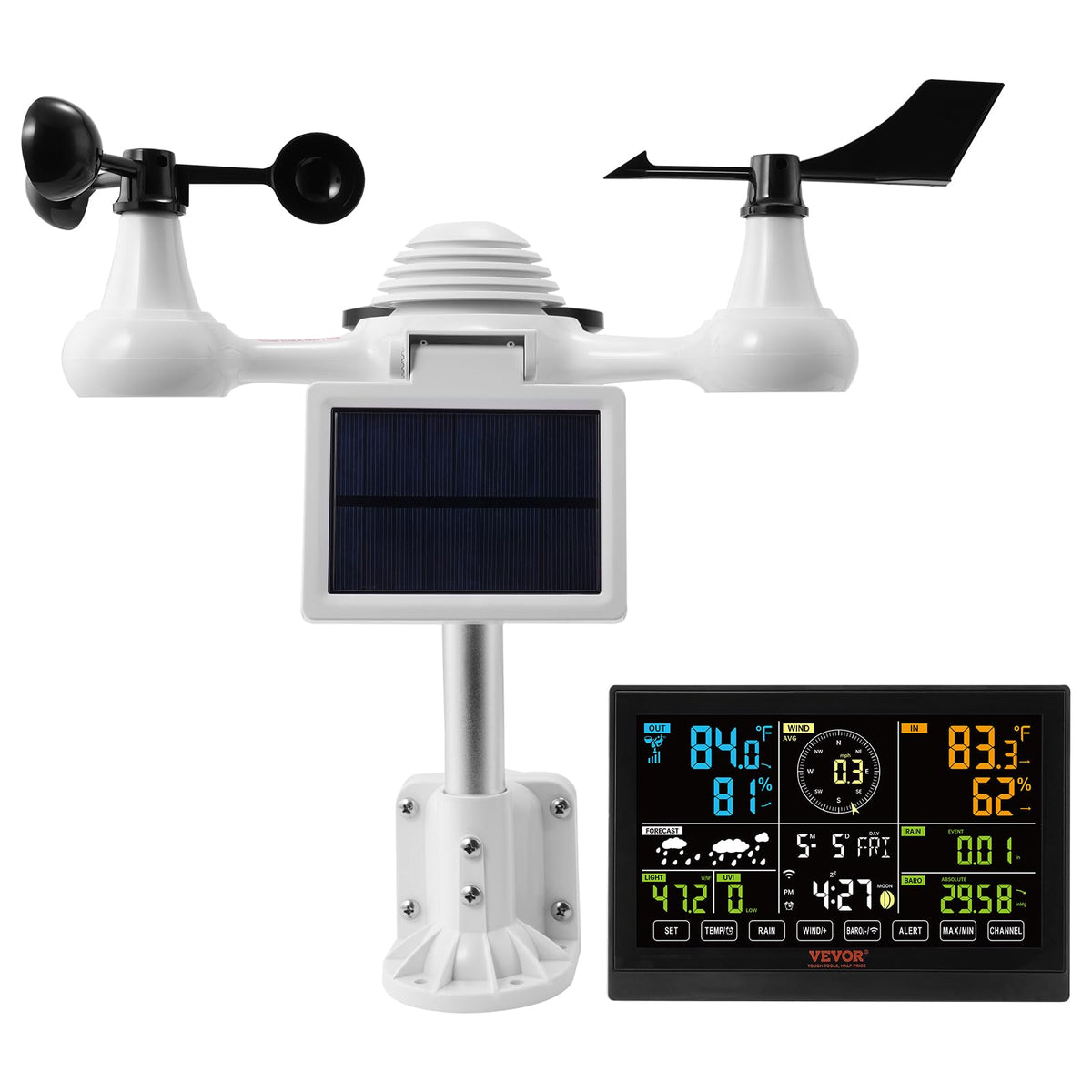 VEVOR YT60234 - Estación meteorológica WiFi 7 en 1, estaciones meteorológicas WiFi para interiores y exteriores, visualización a color de 7.5 pulgadas para pronósticos meteorológicos, temperatura,