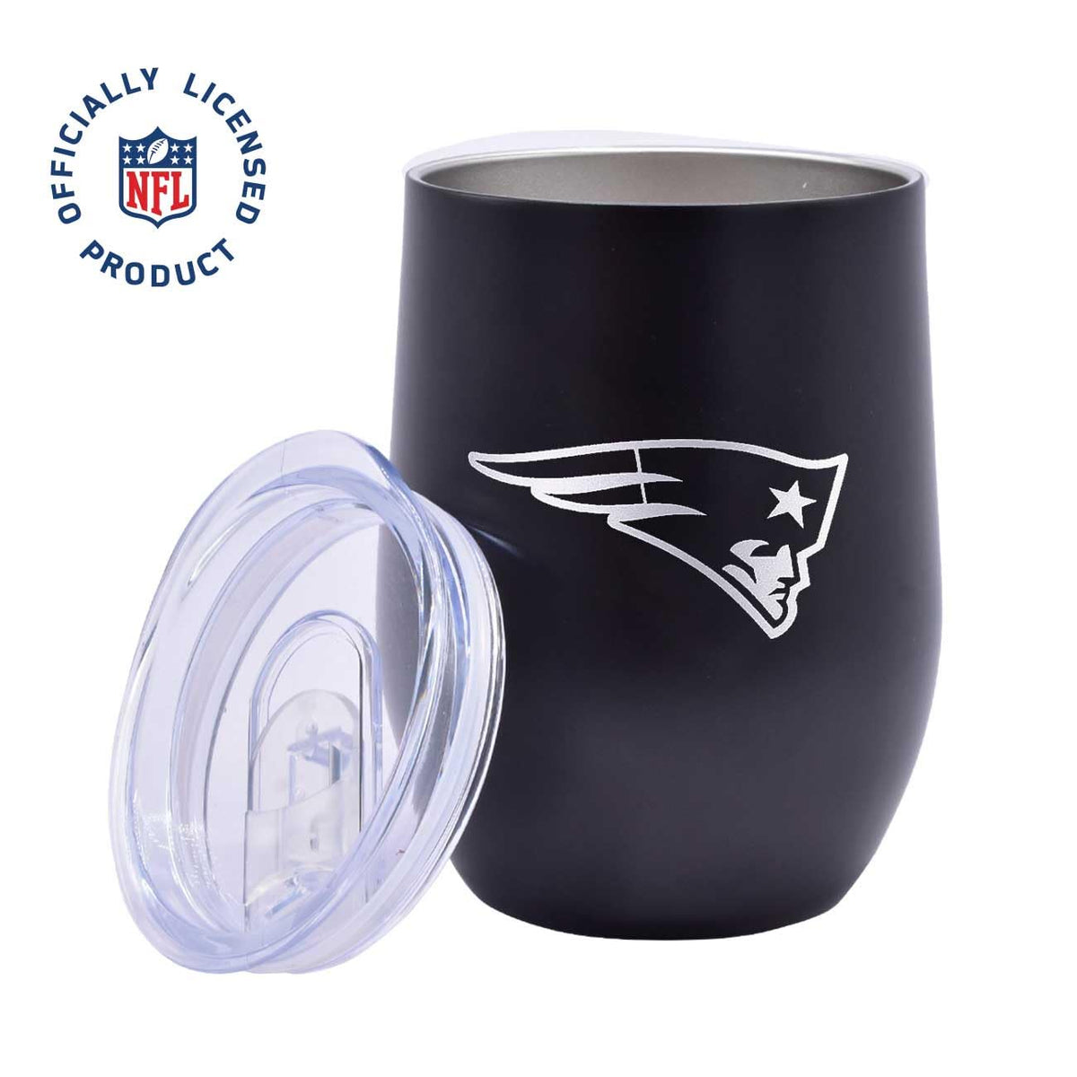 NFL JTNFL-3036-NE Vaso para Vino Metal Tumbler Patriots, Negro, 355 ml | Doble pared aislante; mantiene bebidas calientes 6 horas y frías 12 horas; ideal para vino, café, whisky o cócteles