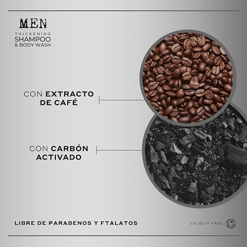 MARTHA DEBAYLE 3 en 1. Shampoo y gel de baño para cabello, barba y cuerpo. Con extractos de grano de café y carbón activado. Sin parabenos y ftalatos. 450 ml