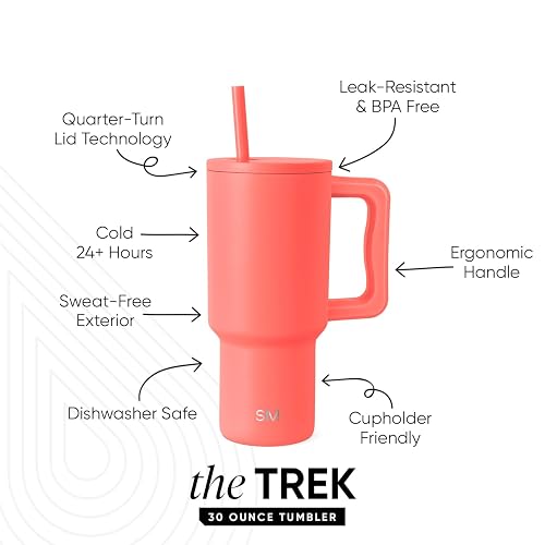 Simple Modern Vaso Térmico con Asa y Popote | Botella de Agua Acero Inoxidable Aislado | Vaso de viaje para café helado | Trek Colección | 890ml | Honolulu