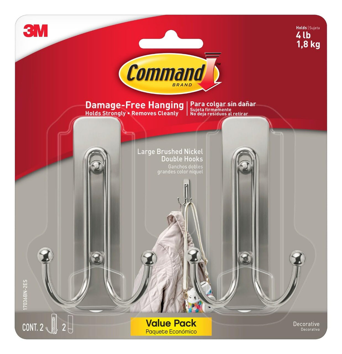 Command - Ganchos dobles grandes de níquel cepillado, 2 ganchos y 2 tiras de comando, ganchos de pared para colgar sin daños con tiras adhesivas, ganchos para colgar para colgar el hogar, soporta