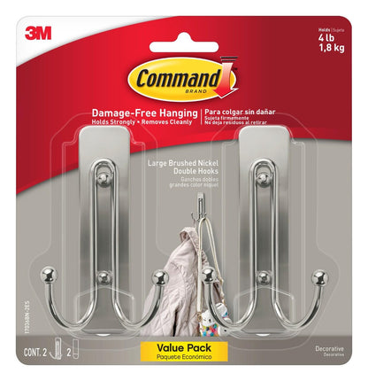 Command - Ganchos dobles grandes de níquel cepillado, 2 ganchos y 2 tiras de comando, ganchos de pared para colgar sin daños con tiras adhesivas, ganchos para colgar para colgar el hogar, soporta