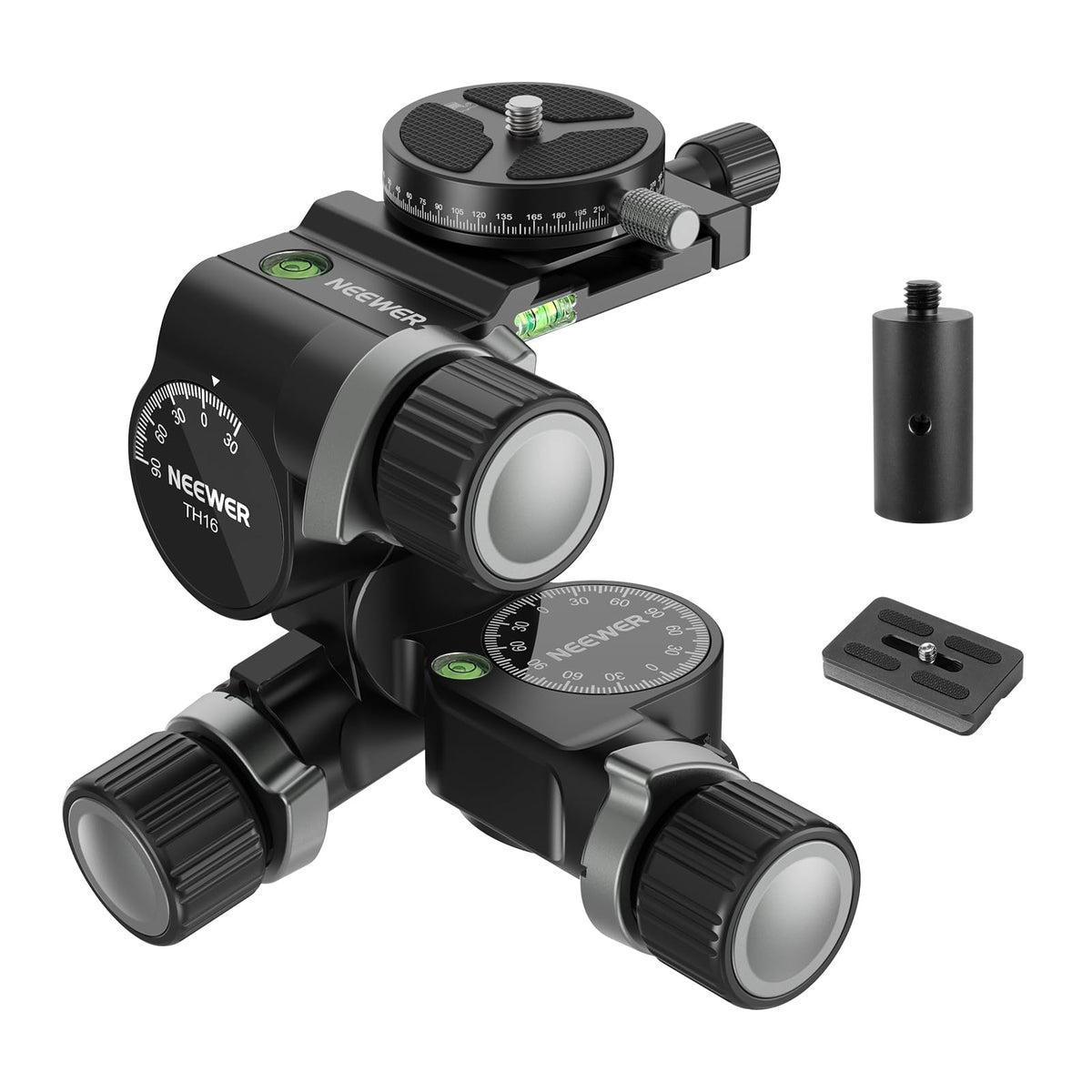 NEEWER Cabezal de trípode de 3 vías con placa QR tipo Pan Arca de 360°, microajuste milimétrico, cabezal de inclinación de 3 ejes de aleación de aluminio con interruptor rápido, modos dobles grandes y