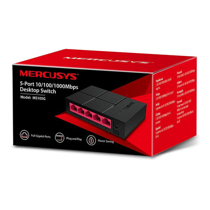 MERCUSYS Switch de Escritorio MS105G, Puertos LAN Gigabit LAN de 5 * 10/100 / 1000Mbps, 2 Años de Garantía, Color Negro