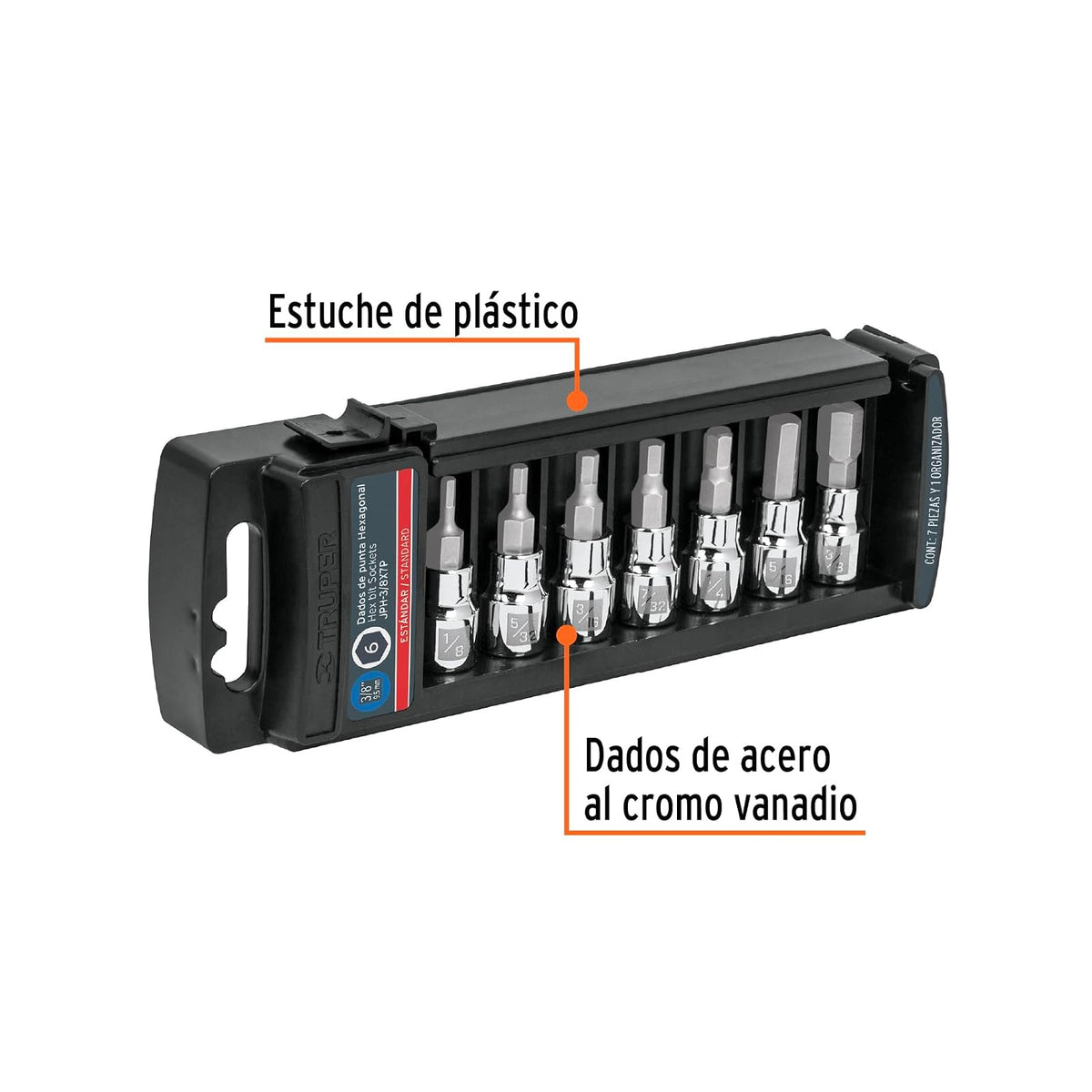Truper JPH-3/8X7P, Juego de dados, punta hexagonal, cuadro 3/8", 7 piezas
