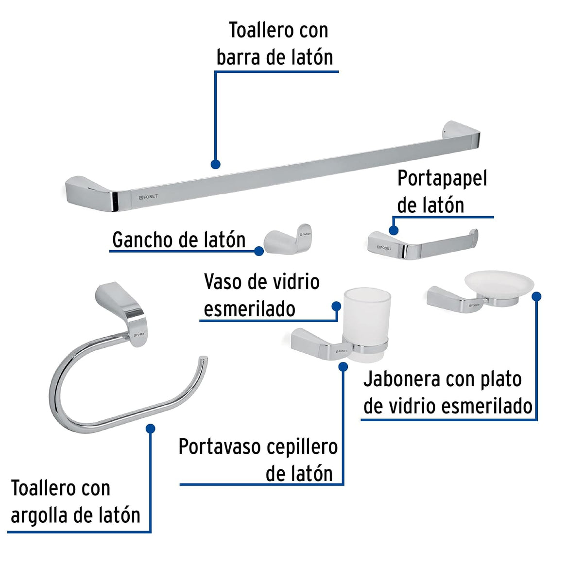 Foset Riviera RIA-7000, Juego de accesorios para baño, cromado, 6 piezas