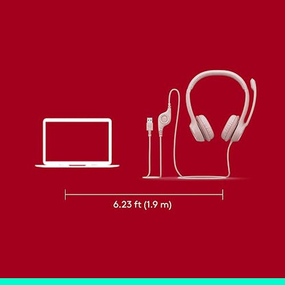 Logitech H390 Headsets con Cable para PC/Laptop, Auriculares estéreo con micrófono y cancelación de Ruido, USB-A, Controles directos, Funciona con Chromebook - Rosa
