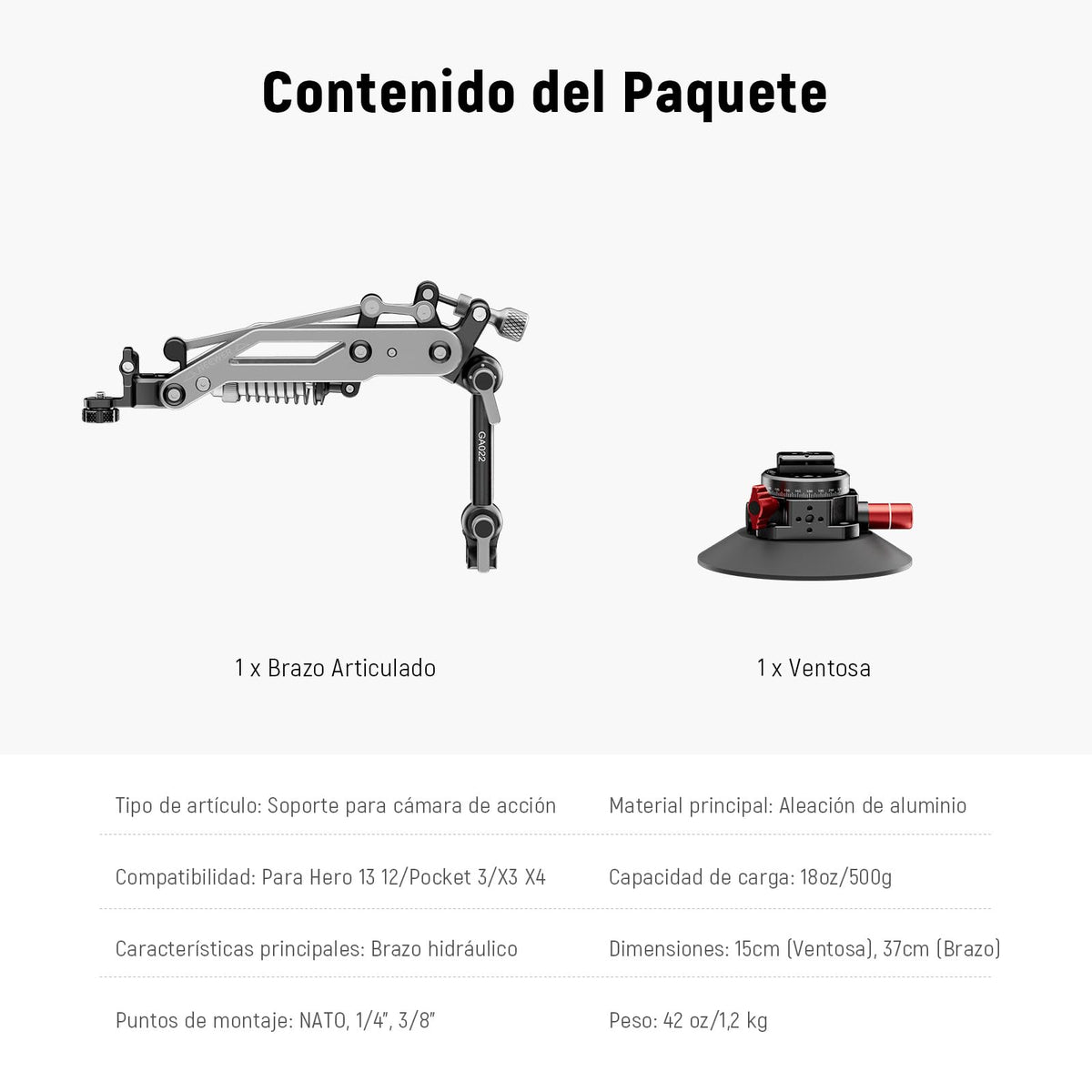 NEEWER GA022 Soporte Ventosa Al Vacío para Cámara Acción Automóvil con Brazo | Riel NATO, para DJI Osmo Pocket 3 4 Xtra Muse, Action 5 Pro 6, Insta360 Luna Ultra X5 X4, Adaptador Soporte GoPro Hero13