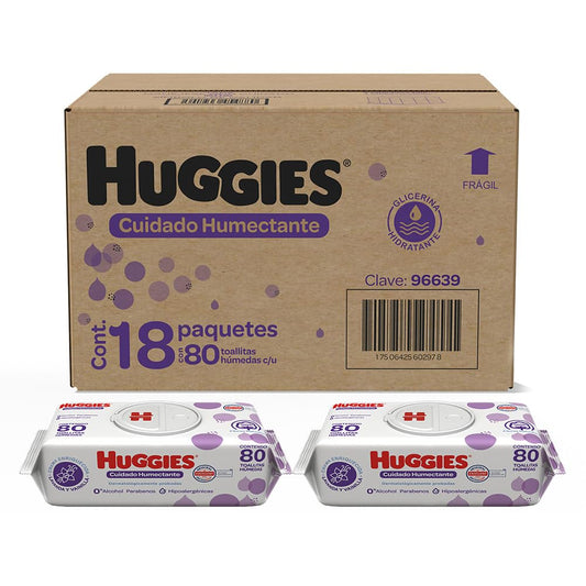 Huggies Cuidado Humectante, Toallitas Húmedas para Bebé, Caja con 1,440 Piezas (18 paquetes de 80 toallitas c/u)