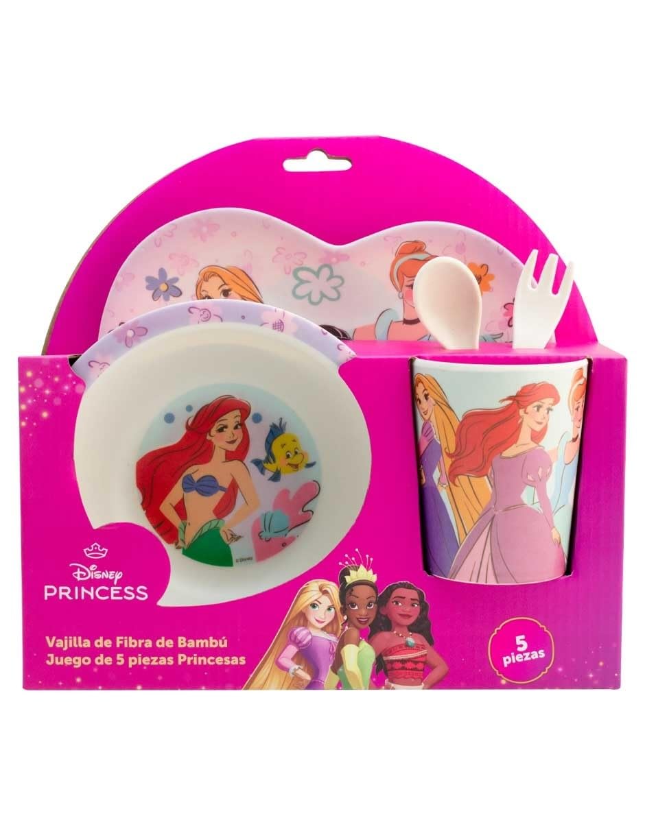 Vajilla individual infantil de bambú Princesas Disney, set de platos, vaso y cubiertos para niños, 5 pzas.
