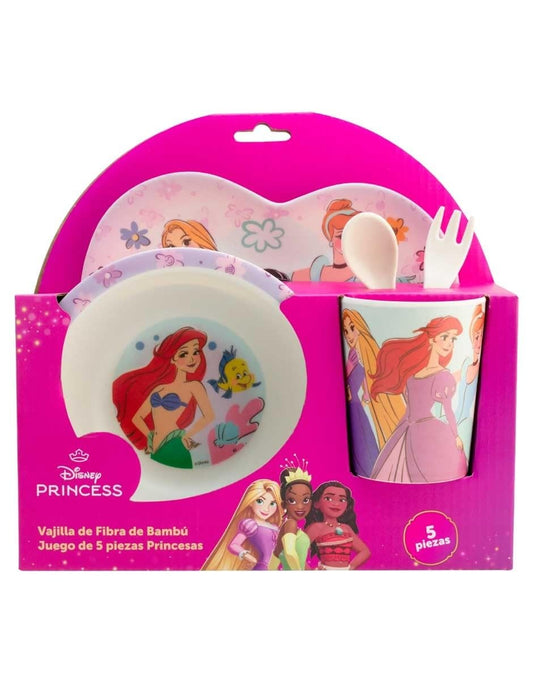 Vajilla individual infantil de bambú Princesas Disney, set de platos, vaso y cubiertos para niños, 5 pzas.