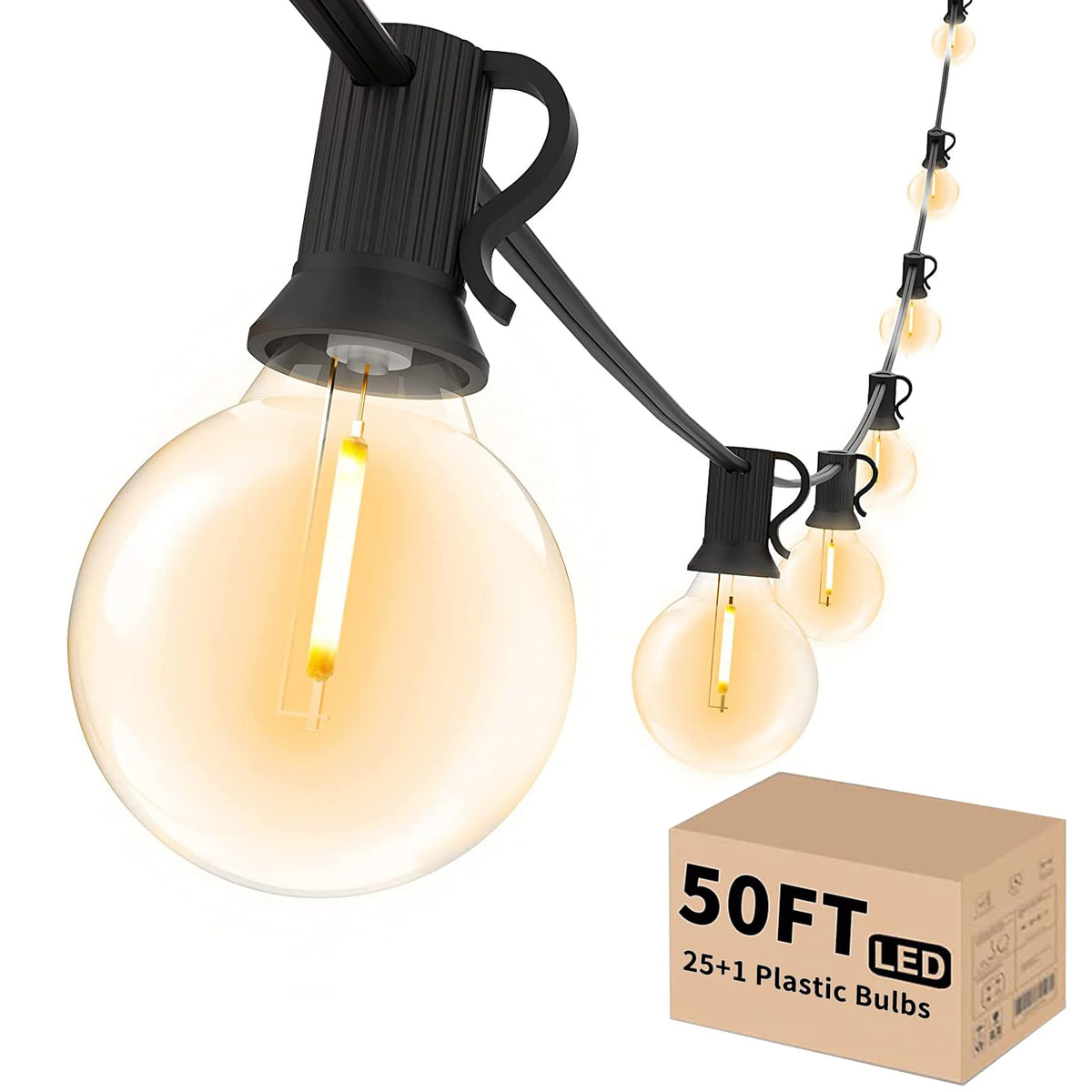 Svater Guirnalda de Luces Exterior 15M con 25 bombillas de plástico G40, IP44 impermeable 2700 K blanco cálido, luces de patio para cafetería, bistro, fiesta de pérgola