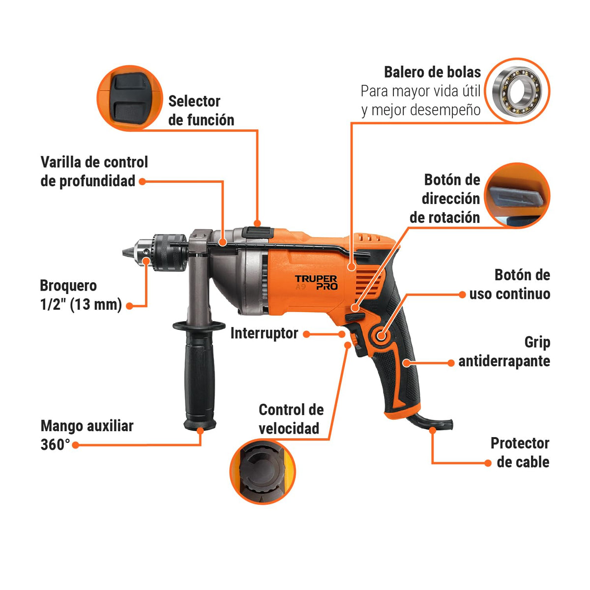Truper ROTO-1/2A9, Rotomartillo 1/2" 850 W profesional