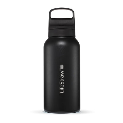 LifeStraw Go Series - Botella filtrante de agua de acero inoxidable apta para viajes y uso diario, elimina bacterias, parásitos y microplásticos, mejora la salud, 1 L Negro Nórdico - Nordic Noir - 1 litro