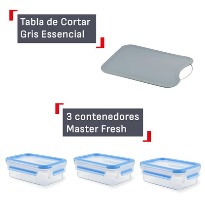 T-fal Mega set de cocina con amplia tabla para picar color gris, cuchara, cucharón, espátula, pinzas, set de 2 cuchillo (pelador 9 cm y chef 15 cm) s y 3 contenedores de 0.55 ml., K2219355M