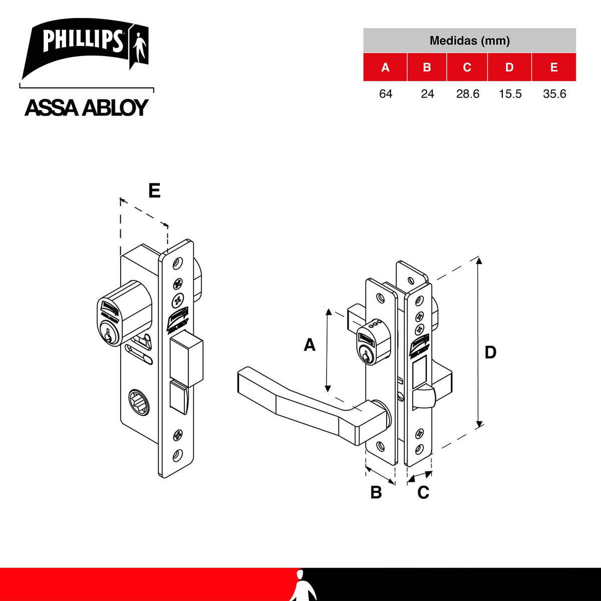 Phillips Cerradura Modelo Slim 550 Manija Cuadrada Para Puerta De Aluminio Blanco