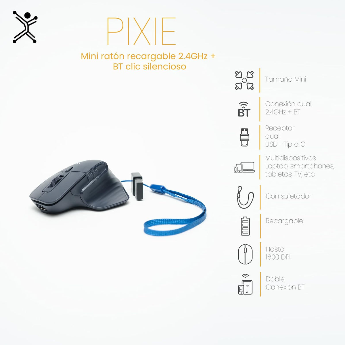 PERFECTCHOICE Mini Ratón Recargable Conexión Dual 2.4 GHz y Bluetooth Pixie (Azul)