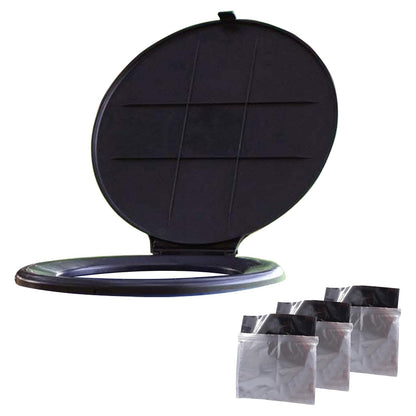 Camco 41546 Juego Cubeta Inodoro con Asiento Tapa Negro 1 Unidad + Bolsas Basura - Asiento de inodoro con tapa