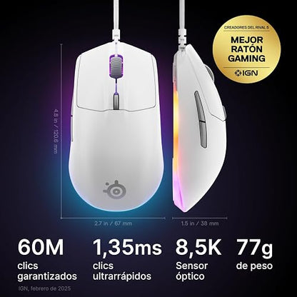 SteelSeries Rival 3 Gen 2 Mouse para Juegos — Sensor óptico de núcleo TrueMove de 8500 dpi — 60 Millones de clics — Baja latencia — 77 g Ligero — 100% PTFE Pies — RGB — Blanco