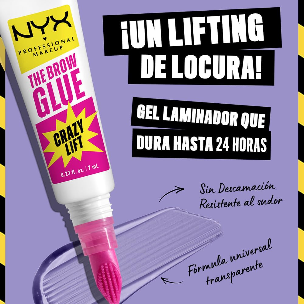 NYX Professional Makeup The Brow Glue Crazy Lift, Gel de Cejas con fijación extrema por 24H, efecto laminado, cepillo integrado para precisión, 7ml - (Transparente)