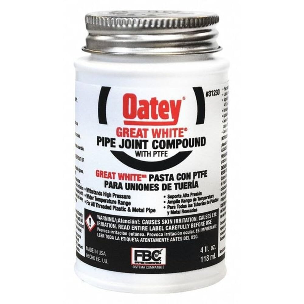 Oatey 31230 - Compuesto de junta de tubería con PTFE con cepillo para polvo, 4 onzas líquidas, blanco, 4 onzas, sin color