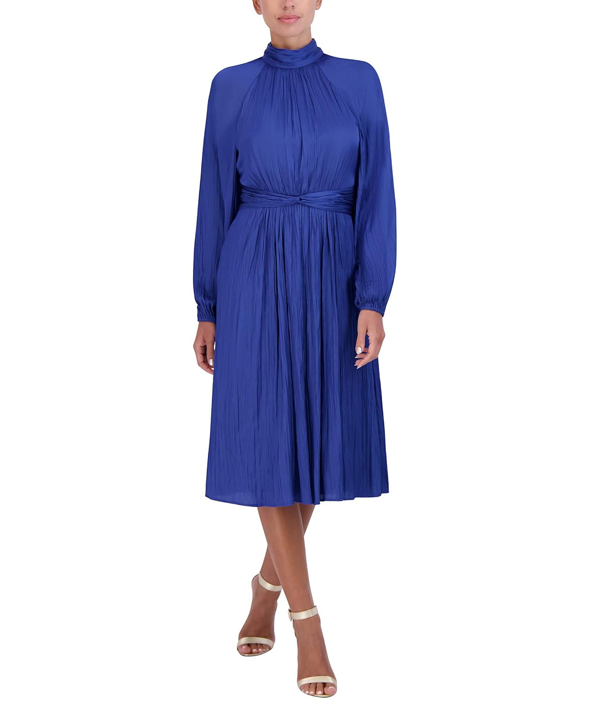 BCBGMAXAZRIA Vestido Midi Ajustado y Acampanado, Manga raglán Larga, Cuello Alto Falso, Nudo Torcido, Espalda Fruncida Vestido para Mujer