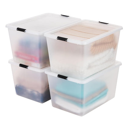 IRIS USA Paquete de 4 Cajas Clip de Alta Capacidad de 52 L con Tapa y Cierres, Contenedores de Almacenamiento para Hogar, Oficina y Aula, Transparente