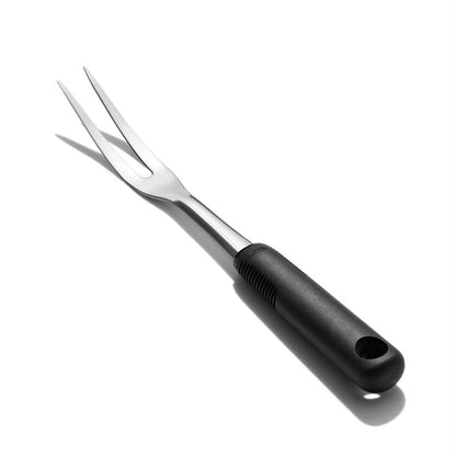 OXO Good Grips - Tenedor de acero inoxidable, talla única | Lanza afilada, sostiene y sirve asado, agarre antideslizante, ideal para tallar asados, aves de corral, apto para lavaplatos