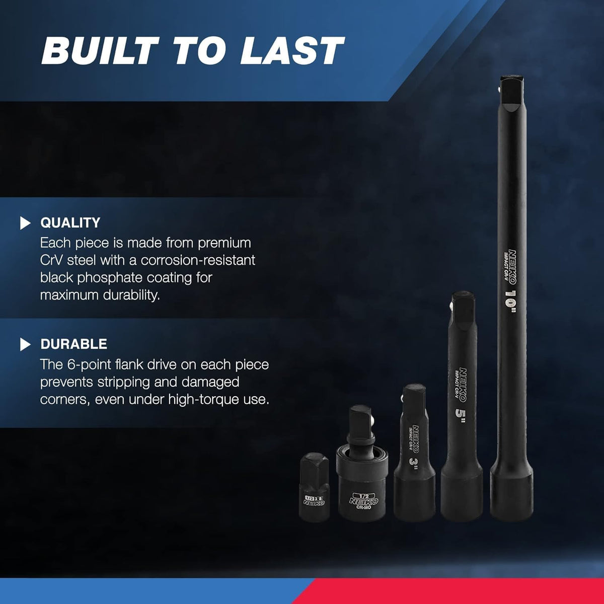 NEIKO 02330A - Juego de llaves de impacto de 1/2, surtido de 45 piezas, tamaños métricos de 9 mm a 32 mm, acero al cromo vanadio, barras de extensión, junta universal y adaptador, juego de pozos