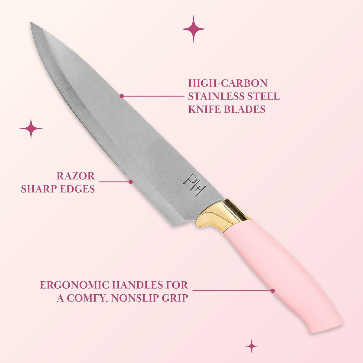 Paris Hilton - Juego de cuchillos de 12 piezas con bloque, cuchillería de acero inoxidable de alto carbono, cuchillas de precisión y mangos ergonómicos, color rosa