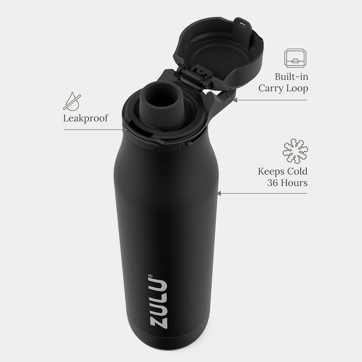 ZULU Ace Botella de agua de acero inoxidable con base extraíble – Tapa a prueba de fugas, boquilla antimicrobiana, 24 oz, color negro