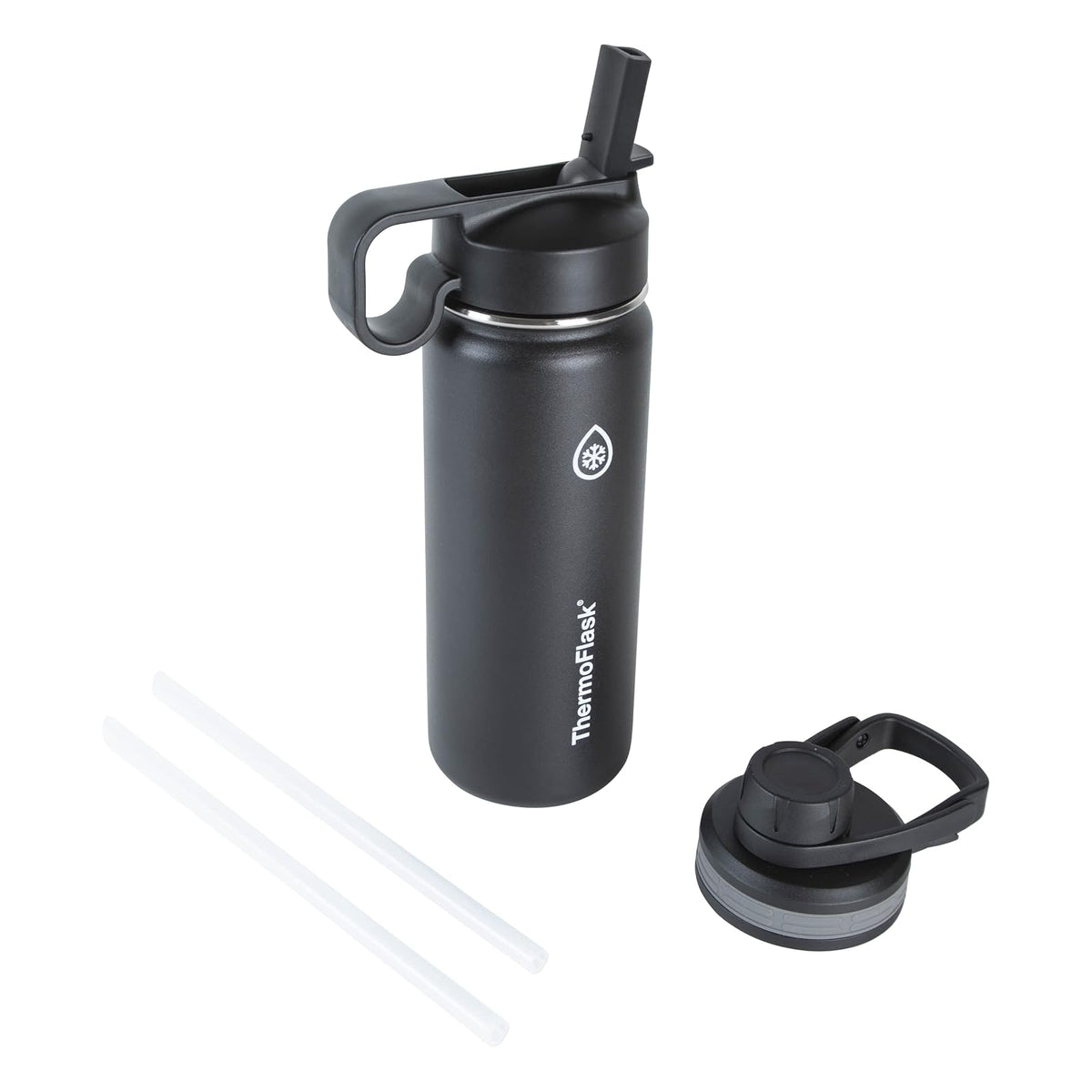 ThermoFlask Botella de Agua Doble Aislada con Dos Tapas 40 oz - Negro (Black) - 0.5 Litros
