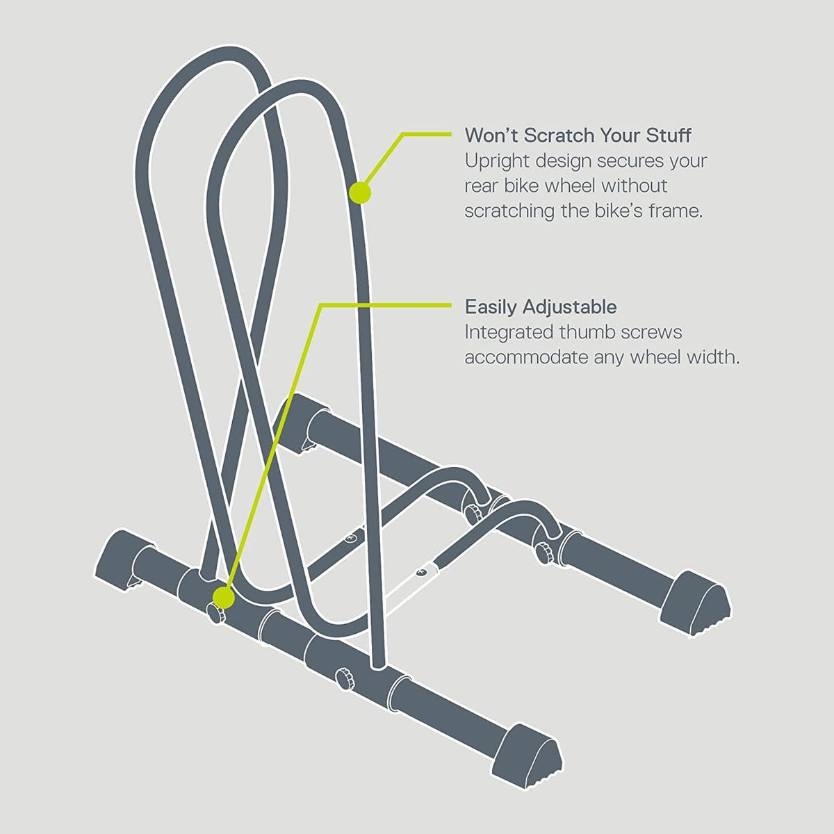 Delta Cycle - Soporte para bicicleta individual, sin herramientas, ajustable, para montaña, neumáticos gruesos, de carretera, soporte de bicicleta independiente para estacionamiento en garaje