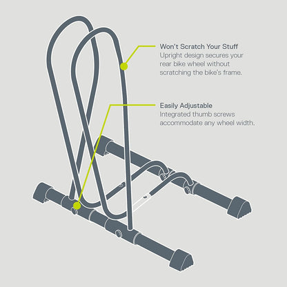 Delta Cycle - Soporte para bicicleta individual, sin herramientas, ajustable, para montaña, neumáticos gruesos, de carretera, soporte de bicicleta independiente para estacionamiento en garaje