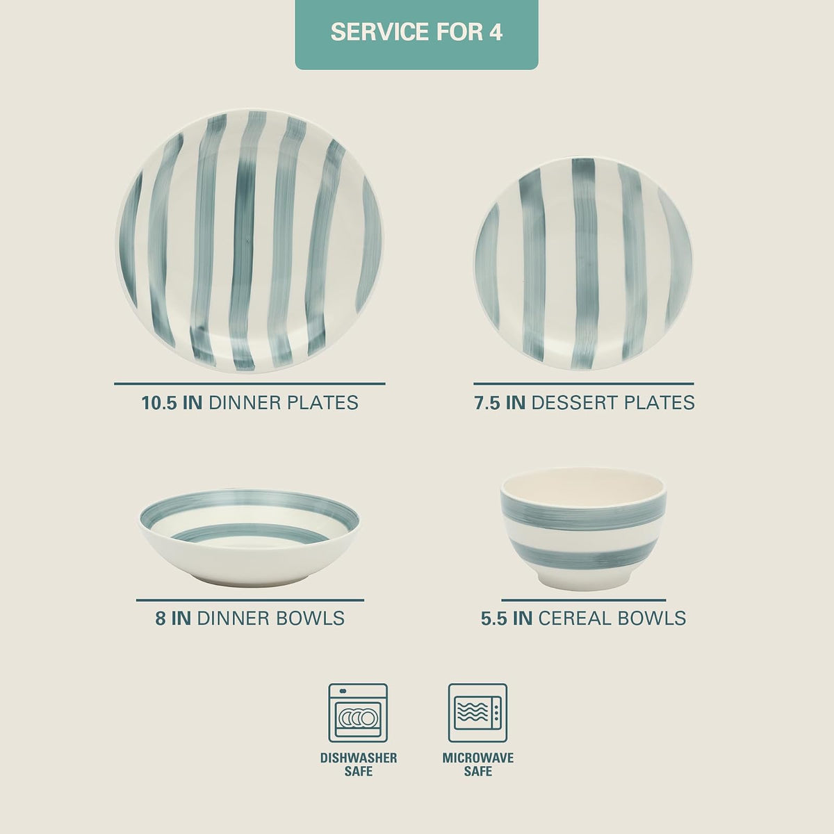 Gibson Home Kenwood Shores - Juego de vajilla de 16 piezas, rayas azules, platos y cuencos pintados a mano, servicio para 4, apto para microondas y lavaplatos