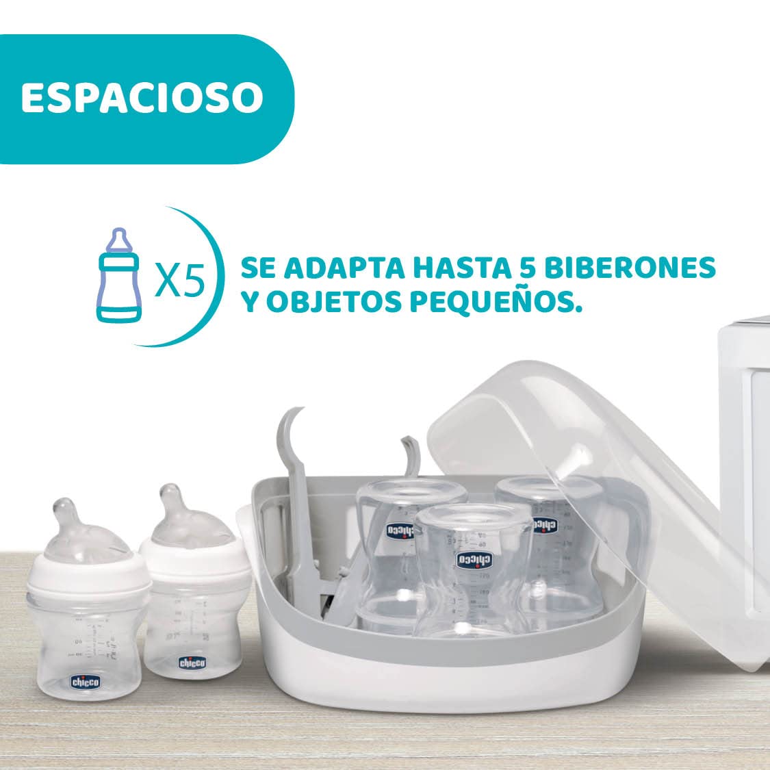 Chicco - Esterilizador para microondas de vapor, rápido y fácil de usar, hasta 6 Biberones, chupones, tetinas y otros accesorios, color Gris