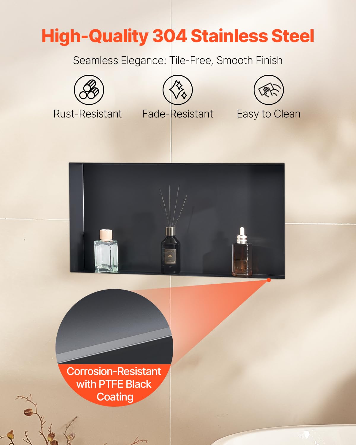 VEVOR Nicho de Ducha Empotrado 33x63,5x10,2 cm Estante Divisor de Pared de Acero Inoxidable Organizador de Jabón y Champú sin Marco Sellado Impermeable Duradero Fácil de Instalar para Baño, Negro
