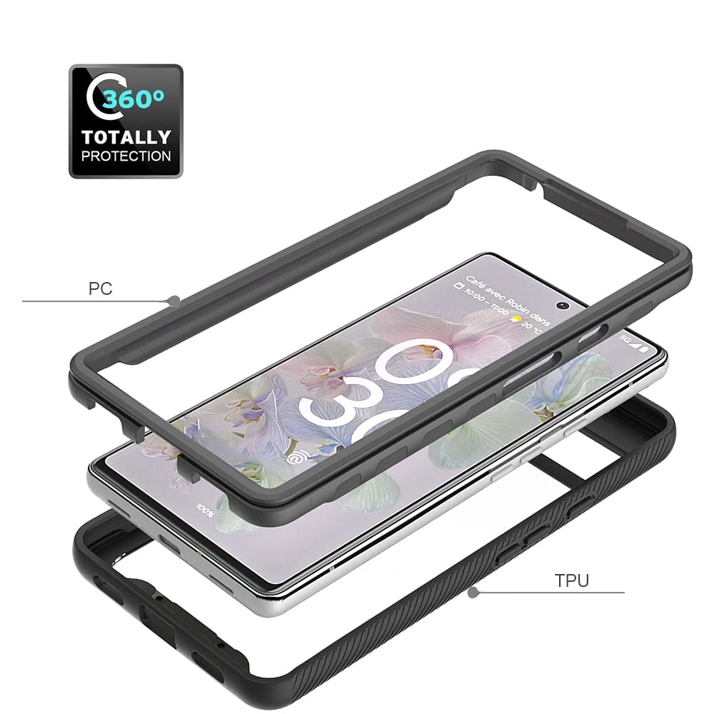 BestAlice para Google Pixel 6A Funda Case + 2 pcs Protector de Pantalla de Cristal Templado Mica, Rudo Uso Duro Transparente + Suave TPU Bumper Carcasa, Negro