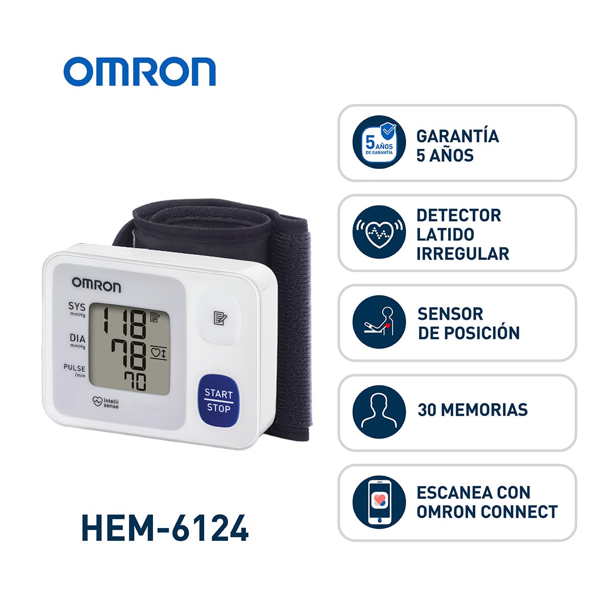 OMRON HEM-6124 – Baumanómetro Digital de Muñeca Portátil con Sensor de Posición, Inflado Personalizado y Detección de Latidos Irregulares
